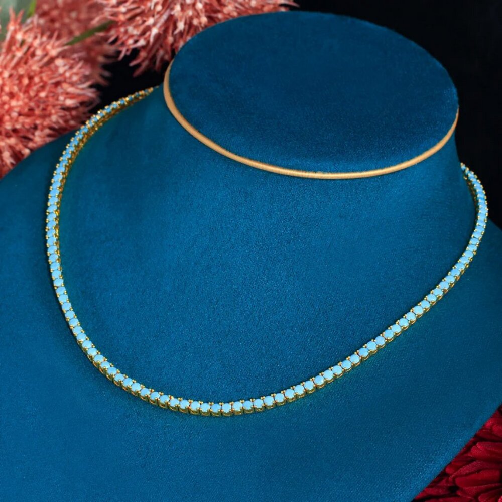 14K Gold Womens 16" Natural Turquoise Gemstone Tennis Necklace Ladies Jewelry - Picture 9 of 10